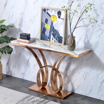 China (Other)Adjustable Modern Luxury Stainless Steel Rose Or Gold Console Table Living Room Hallway Entry Table With Marble Top for sale