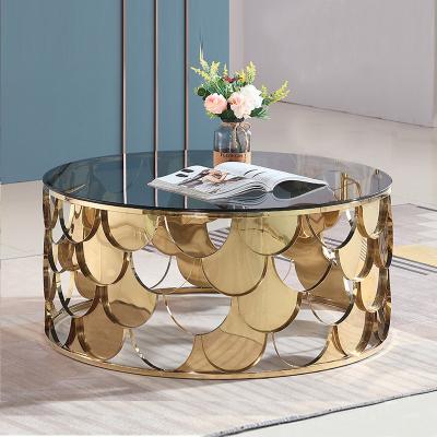 China Luxury Modern Convertible Stainless Steel Base Gold Living Room Furniture Glass Top Round Coffee Table for sale