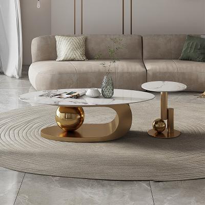 China New design gold stainless steel convertible sintered stone coffee table and side tables set for living room furniture for sale