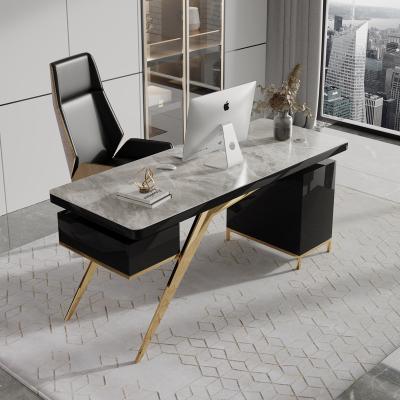 China Other Luxury Modern Design Gold Stainless Steel Computer Table Working Desk With Sintered Stone For Home Office Furniture Set for sale