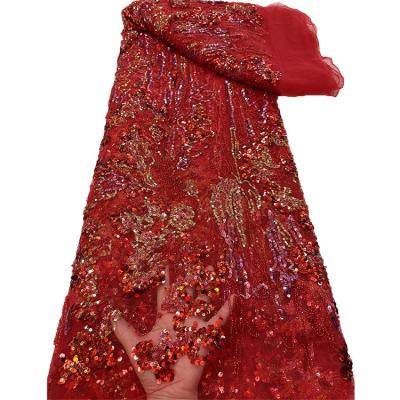 China Other Bridal Dress Sequins Wedding Embroidery Lace Shiny Red Handwork Beads African Lace Fabrics For Occasion for sale