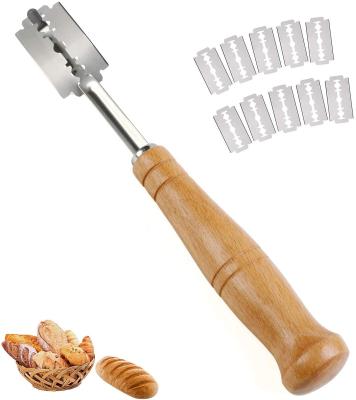 China Sustainable Baking Accessories Bread Scoring Knife Wooden Hand Crafted Bread Blade Tool With Blades And Cover for sale