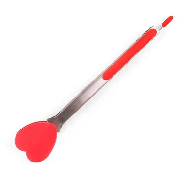 China Viable New Design Kitchen Stainless Steel Red Heart Shaped Heat Resistant Silicone Cooking Tweezers Tongs for sale