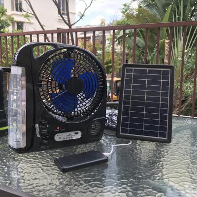 China Outdoor and indoor solar rechargeable fan with led night light for emergency port usb FM charing radio can link to phone for sale