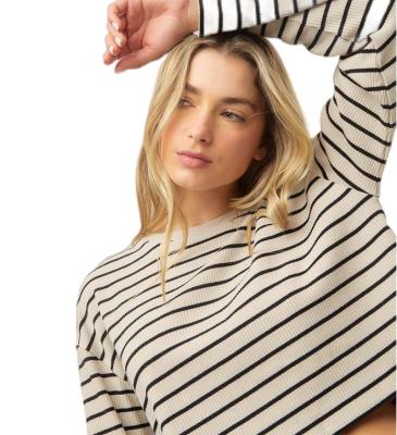 China QUICK DRY Women's Fashion Yarn Dye Stripes Long Sleeve Rib T-shirt for sale