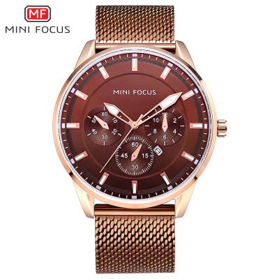 China Chronograph Mini Focus Brown Dial Mesh Steel Band Men Quartz Wristwatch With Japan Movement for sale