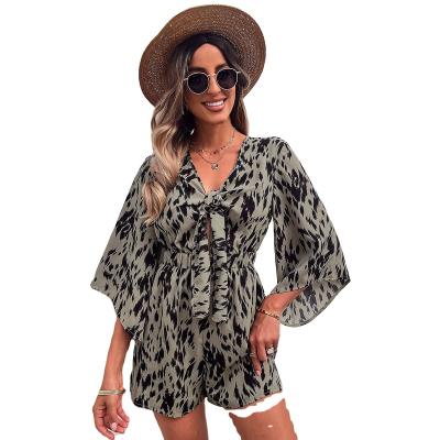 China Factory Wholesale Amazon Price Styles QUICK DRY Deep Neck Mid Sleeve V Hollow Out Chiffon Front Overalls For Summer for sale