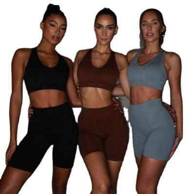 China Good quality summer fitness women's sportswear breathable rib knitting crack! crack! biker shorts seamless 2 piece yoga set with colorful stripes for sale