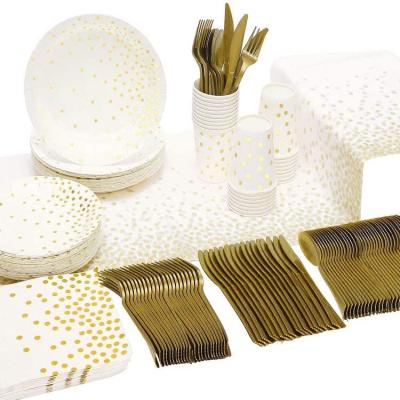 China Good Quality Disposable Bronzing White Polka Dot Party Birthday Party Tableware Set for sale