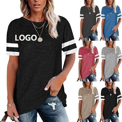 China Custom Made Amazon LOGO Soft Striped Round Neck Anti-Wrinkle Short Sleeved Casual Short Sleeve Top Women for sale