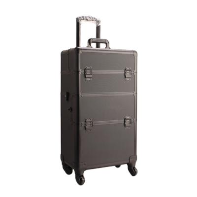 China Lady Glary Aluminum 4 Wheels Makeup Suitcase Professional Rolling Cosmetic Train Case With Lighted Mirror LED Light for sale