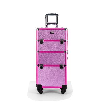 China Red Lady Glary Makeup Trolley Case With Shelfs Makeup Display Case Hard Rolling Makeup Case Custom Logo for sale