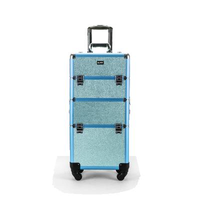 China Multi Functional Lady Glary Makeup Case Rolling Train Case Makeup Organizer Cosmetic Case Blue Travel Makeup Case for sale