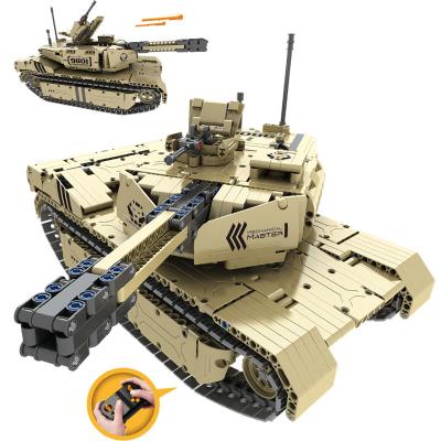 China Construction Toy Remote Control Building Block Tank 2.4G Electric Rotating Turret Can Fire Projectile Tank Model Toy Children Christmas Gift for sale