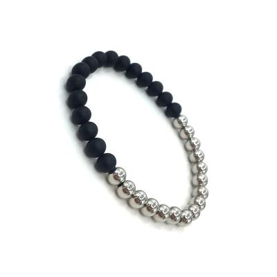 China FASHIONABLE handmade stainless steel&natural black agate bead couples new arrival men's elastic bracelet for sale