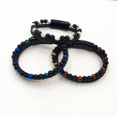 China New Arrival FASHIONABLE Wholesale Couples Natural Tiger Eye Agate Turquoise Beads Scare Button Men Leather Magnetic Bracelet for sale