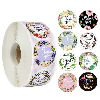 China 1inch 2.5CM Heat Sensitive Floral White Round Paper Thank You 8 Designs 500pcs Per Roll Label Stickers for sale