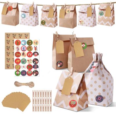 China Recyclable 24 Sets Kraft Paper Bag Candy Gift Food Wrapping Treats Bags 1-24 Advent Calendar Stickers Clips Christmas Party for sale