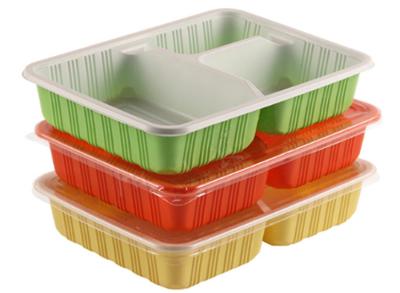 China 3 Compartment Double Color PP Food Trays Thermoformed Bento Luch Box For Fast Food Store Break Resistance for sale