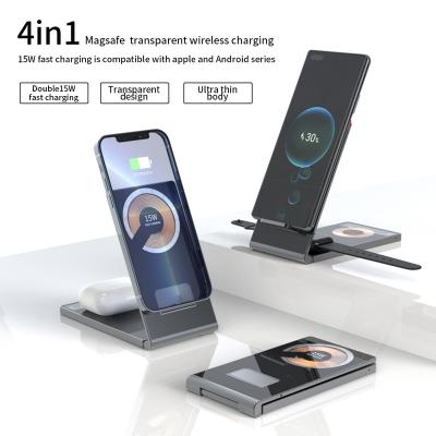 China 2022 Multifunctional New Innovation 15W Fast Charging Foldable Magnetic 4 In 1 Transparent Wireless Charger Station For All Qi Phone Charging for sale