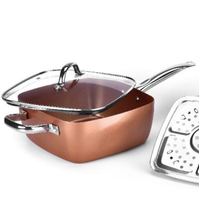 China Amazon Selling Copper Pan Stainless Steel Hot Handle Square Induction Frying Pan Induction Bottom Wok Set for sale