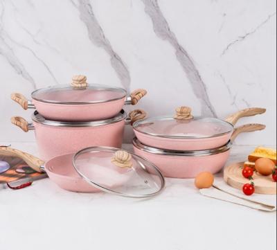 China Sustainable 10 pcs forged cookware set pink aluminum nonstick food warmer casserole sets manufacture sale ceramic pot directly for sale