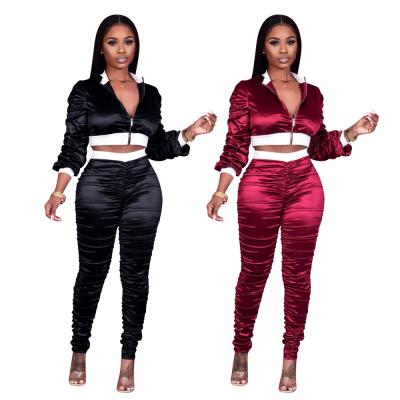 China 2020 Spring Women Breathable Clothing Crop Top With 2 Piece Pile Pants Solid Two Piece Tracksuit Women Outfit for sale