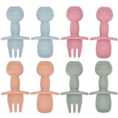 China Amazon BPA Free Silicone Baby Spoon Hot Selling Fork Set Baby Tableware Led Weaning Feeding Spoon for sale