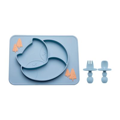 China 100% Eco-friendly / Non-toxi Amazon Best Selling Silicone Dinner Plate Animal Silicone Divided Fox Dinner Plate Baby Feeding Dish Set With Fork And Spoon for sale