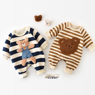 China Sustainable Wholesale Cartoon Infant Baby Clothes Romper Keep Warm 3D Bear Winter Baby Striped Romper for sale