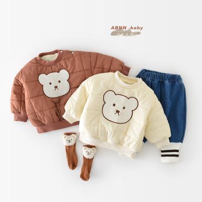 China Custom Logo Clothing Set Antibacterial Baby Winter Clothes T-shirt Cute Bear Striped Pants Kids Clothing Set for sale