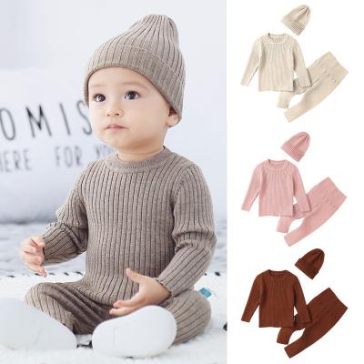 China Winter 3pcs/set Newborn Baby Sweater Antibacterial Set Cotton Solid Color Chunky Knitted Baby Clothing Set for sale