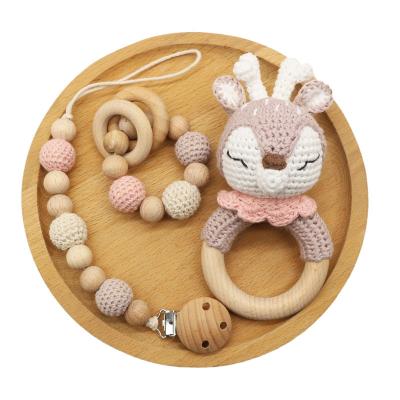 China 100% Eco-Friendly/Eco Friendly Gift Rattle Wooden Baby Non-toxi Baby Toys Kids Crochet Soft Toy Pacifier Chain Set Crochet Baby Teething Toys for sale