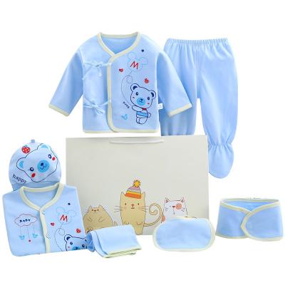 China Antibacterial Newborn Baby 7 Pieces Knitted Clothes Set 100 Cotton Cartoon Baby Gift Box Dressing Sets for sale