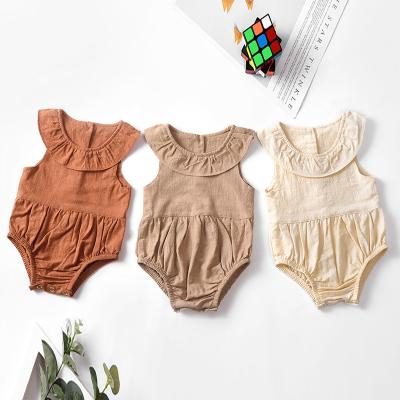 China Sleveeless Newborn Cotton Rompers Solid Color Lotus Leaf Collar Baby Kids Canvas Sleeveless Romper for sale