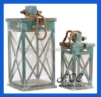 China Europe shabby wooden lantern with rope for home decoration for sale