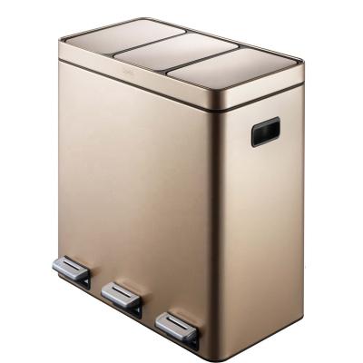 China Sustainable Modern Gold 42l Foot Pedal Three Door Indoor Sorting Bin for sale