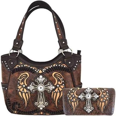 China WESTERN STYLE RHINESTONE CROSS STUDDED LASER CUT WINGS TOOLED LEATHER PURSE WOMEN HANDBAGS COUNTRY SHOULDER BAG WALLET S à venda