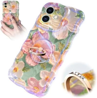 Cina Cassa per iPhone 12 Pro Max Anello, fiore dipinto ad olio Fiore retro colorato cornice ondulata ricciosa Cassa per telefono femminile ragazza in vendita