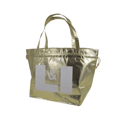 China 100% eco-friendly lightweight gold laminated non woven fabric drawstring bags with custom logo for sale