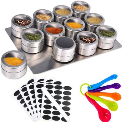 China Sustainable 12 Pieces Magnetic Spice Tins Stainless Steel Magnetic Spice Jars With Tray With Pour Holes For Easy Storage for sale