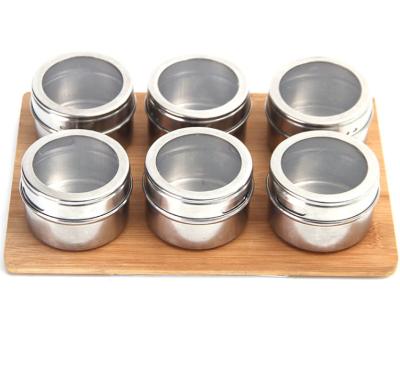 China Factory Direct Sales Amazon Best Selling Sustainable Kitchen Storage Organizer 6pc Magnetic Spice Jars Storage Canisters With Wooden Bottom for sale