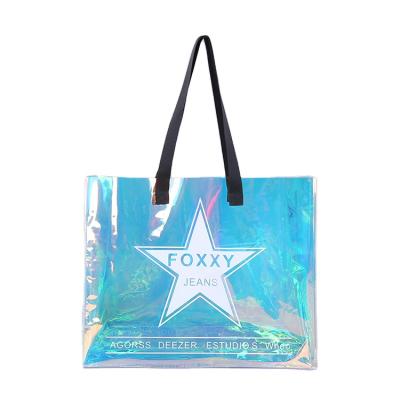 China Custom Eco-Friendly Logo PVC Print Beach Transparent Plain Tote Bag Holographic Laser PVC Shopping Bag For Women Holographic Bag for sale