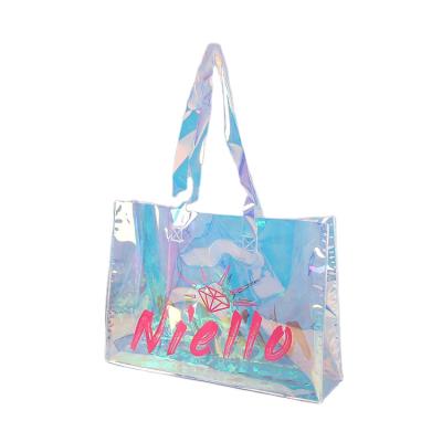 China Eco-friendly PVC Holographic Clear Tote Bag Transparent Laser Shopping Bag With Custom Logo for sale