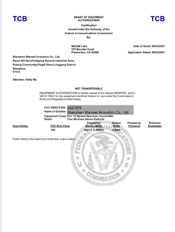 FCC - Shenzhen Wanwei Acoustics Co., Ltd.