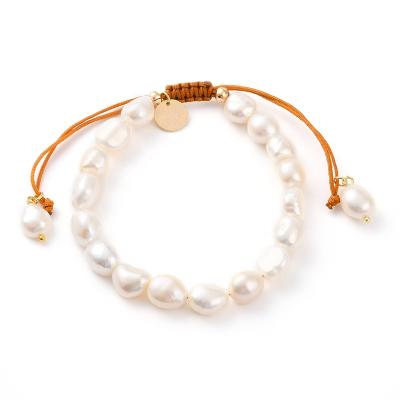 China PandaHall CLASSIC Oval Natural Cultured Freshwater Pearl Beads and Flat Round Brass Charm Braided Bead Bracelets for sale