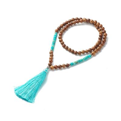 China Pandahall TRENDY 68cm Gemstone and Beads Wooden Tassel Large Nylon Pendant Necklace for Women for sale