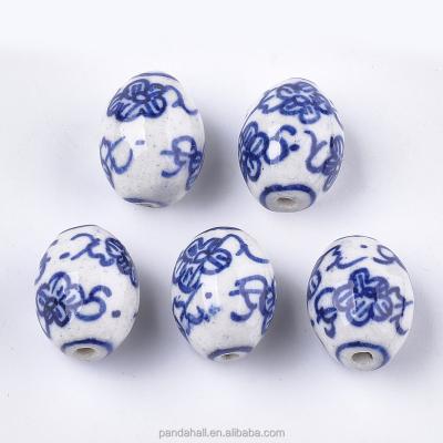 China PandaHall Ceramic 15mm Blue and White Porcelain Oval Handmade Beads for sale