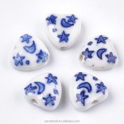 China PandaHall 15mm Ceramic Heart with Blue White Moon Star Porcelain Beads for sale