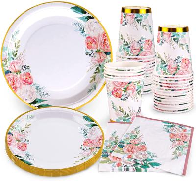 China Disposable Floral Party Supplies Bridal Shower Party Paper Plate Birthday Dishes Set Wedding Tea Party Baby Shower Birthday Decorations for sale